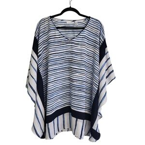 Susan Graver Striped Poncho Top Blue 3X Caftan Beachy Flowy Vacation Resort Pool
